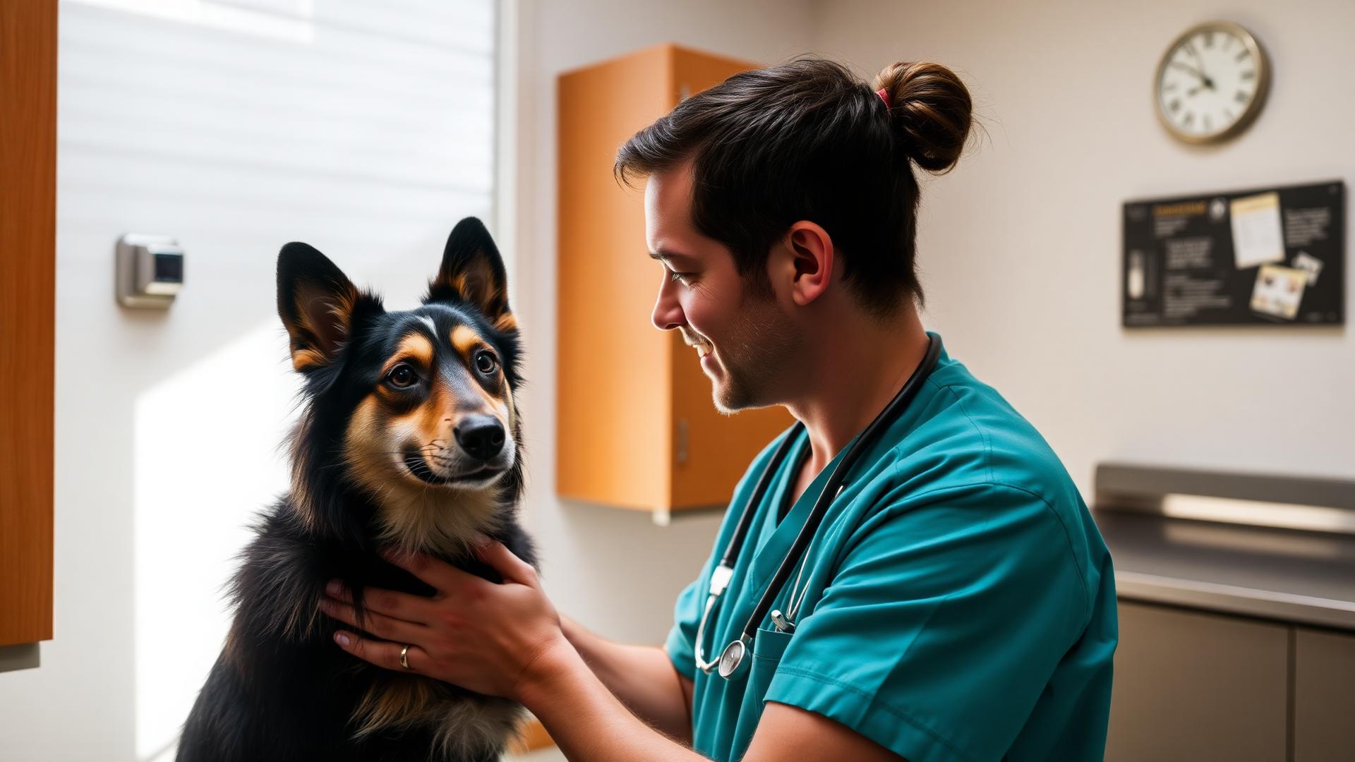 A veterinarian examining a dog with its owner in a bright clinic